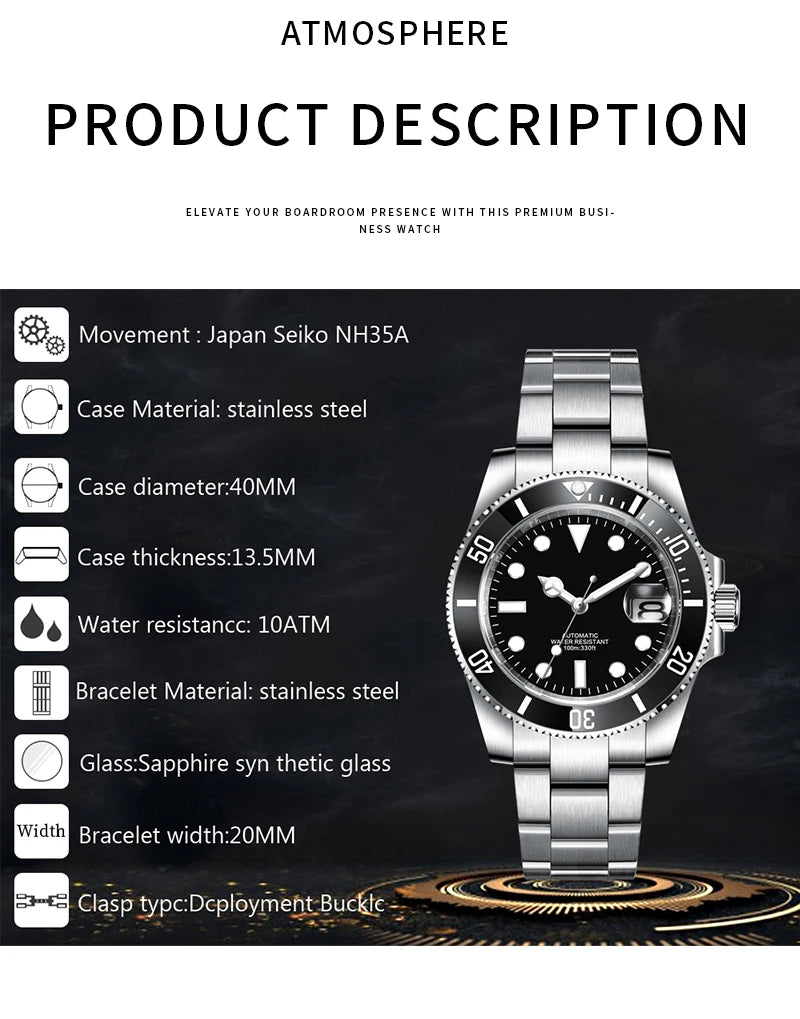 Customized Logo Men's Mechanical Automatic Wristwatch NH35 Movement 40mm Dial 100M Waterproof Sapphire Glass DIY Corgeut