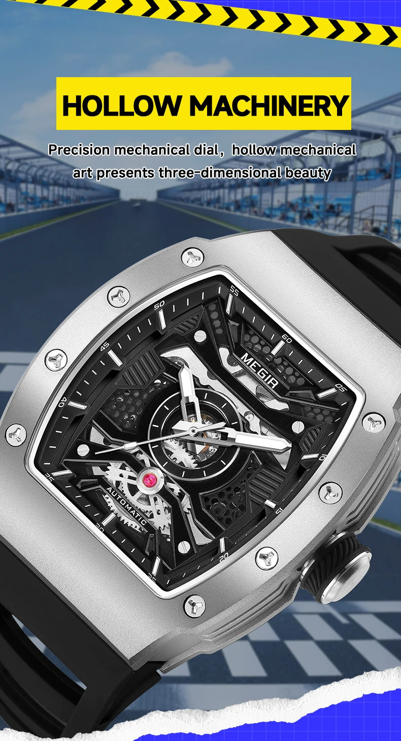 MEGIR Men's Automatic Mechanical Watch with Stainless Steel Case Sillicone Strap Fashion Waterproof Luminous Wristwatch 8604