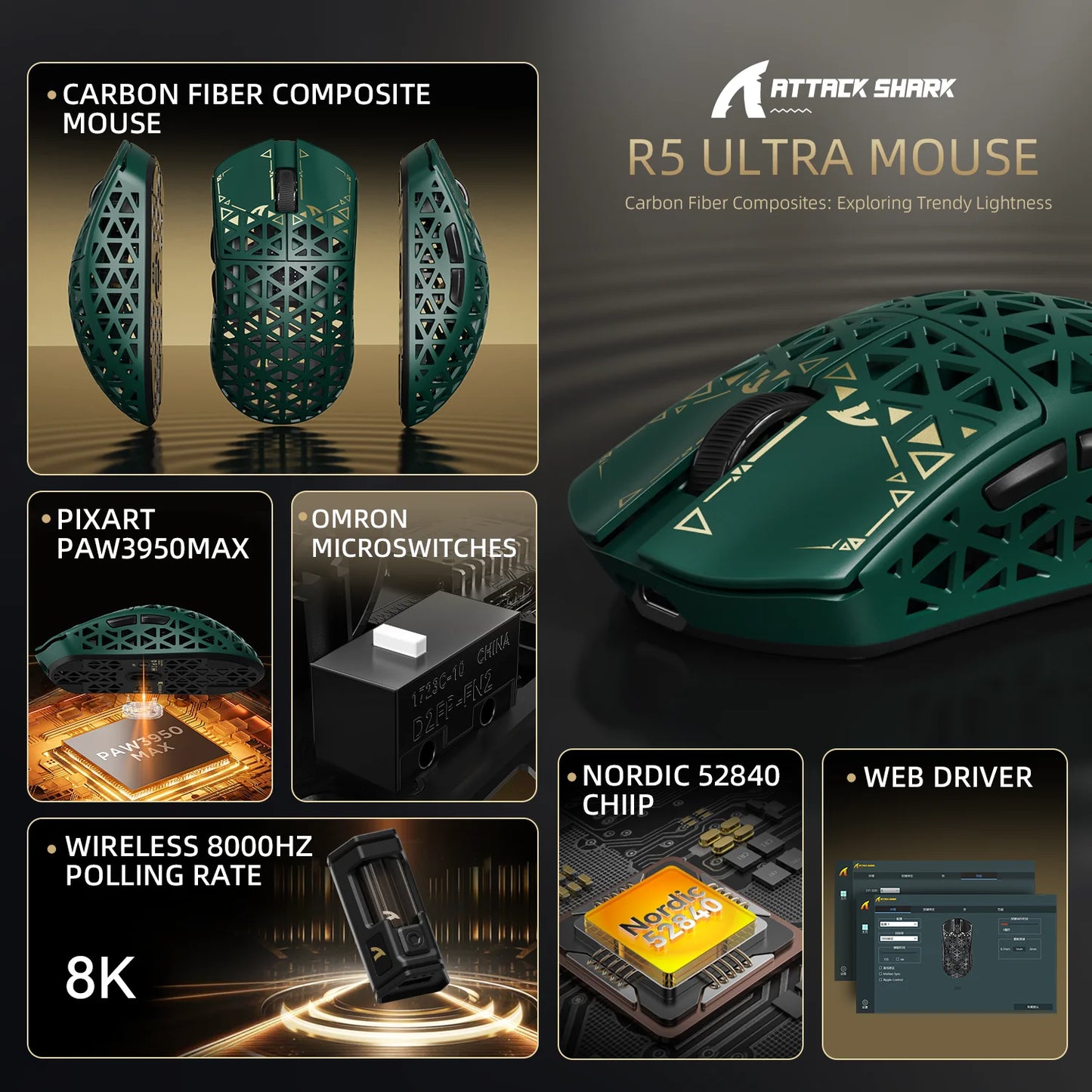 Rato Gaming Sem Fios ATTACK SHARK R5 Ultra em Fibra de Carbono, Sensor Gaming PixArt PAW3950MAX, 42000DPI, 8000Hz, MCU Nordic 52840