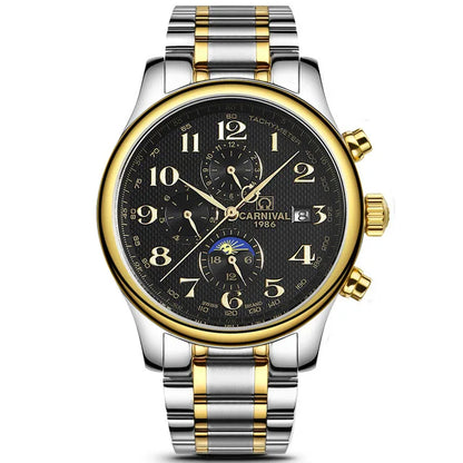 Carnival Brand Automatic Watch, Fashion Luxury Waterproof Calendar with Moon Phase, Mechanical Watches for Men