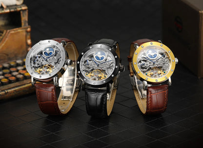 Pánské mechanické náramkové hodinky SKROX s automatickým nátahem, skeletový model s funkcí GMT, fázemi měsíce a tourbillonem – luxusní hodinky nejvyšší třídy, elegantní a originální.
