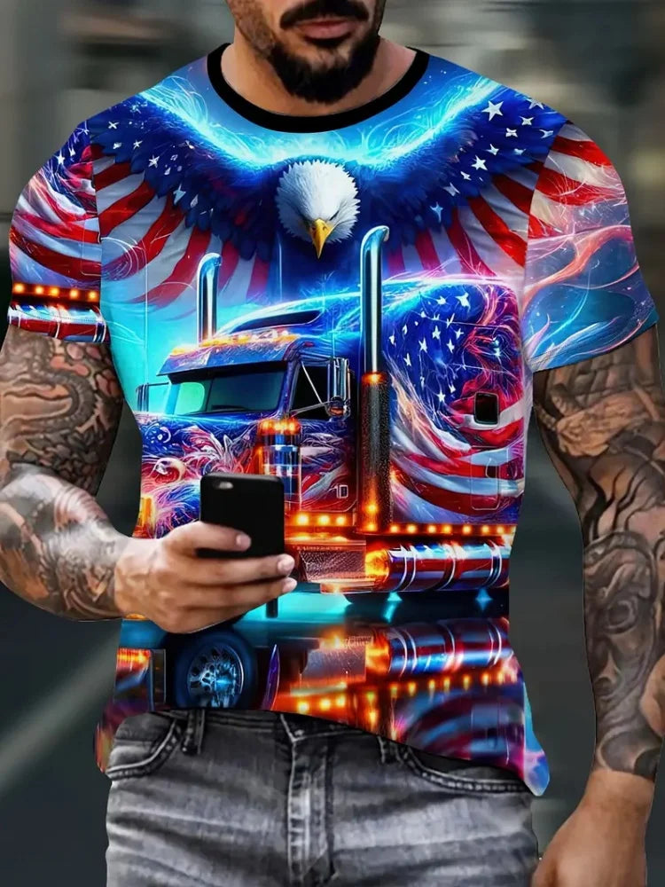 T-shirt patriótica para homem com estampado 3D de águia, gola redonda, manga curta, estilo casual, para verão, moda, atividades ao ar livre e vestuário masculino