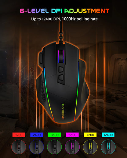 E-YOOSO X49 Wired Gaming Mouse 12400 DPI Adjustable, RGB Backlit, 8 Programmable Buttons, Ergonomic Gamer Mouse for PC Laptop