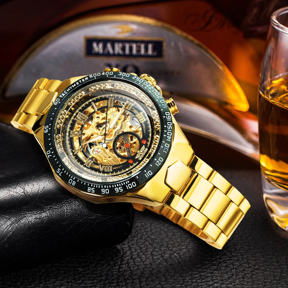 WINNER automatisch herenhorloge – Transparant skeletmodel, lichtgevende wijzers, roestvrijstalen band, mechanisch horloge van een luxemerk