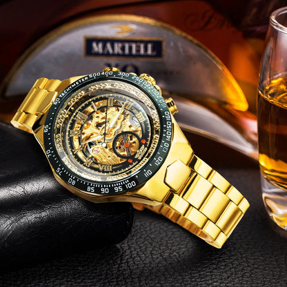 WINNER automatisch herenhorloge – Transparant skeletmodel, lichtgevende wijzers, roestvrijstalen band, mechanisch horloge van een luxemerk
