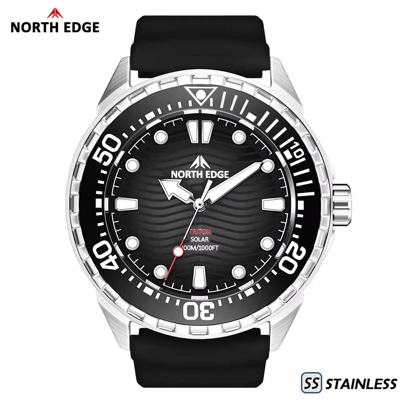 NORTH EDGE TRITON-TI Titanium Stainless Solar-Powered Diving Watch Luxury Quartz Watches For Men 300M Waterproof 180+ Day Power