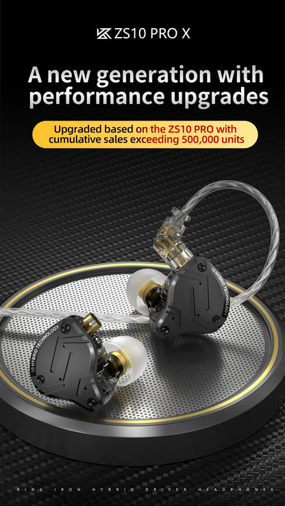 Auscultadores In-Ear com Fio KZ ZS10 Pro X, HiFi, Graves de Monitorização, Cabo Amovível e Microfone