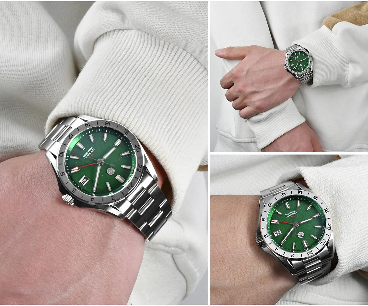 Reloj de lujo para hombre San Martin 39mm con esfera de aventurina, NH34 GMT automático mecánico, zafiro, resistente al agua, luminoso, SN0129