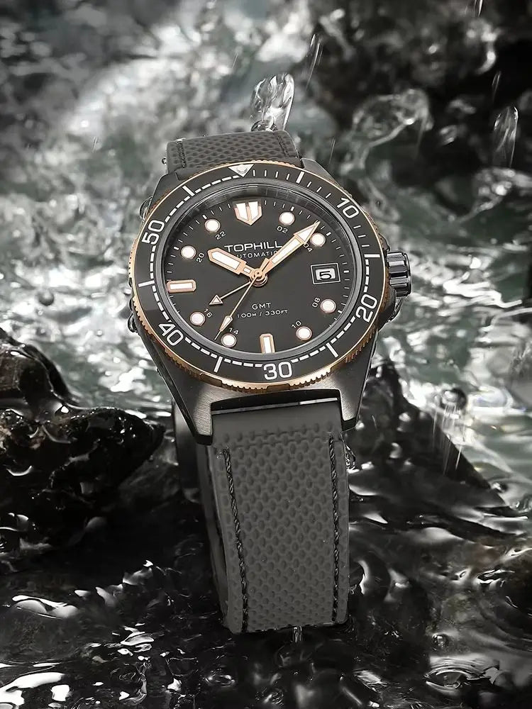 Tophill 39.5mm Automatic NH34 GMT Watch Swim 3H Date Window Mechanical C3 Green Lume 100M Waterproof Sapphire Crystal TD011G