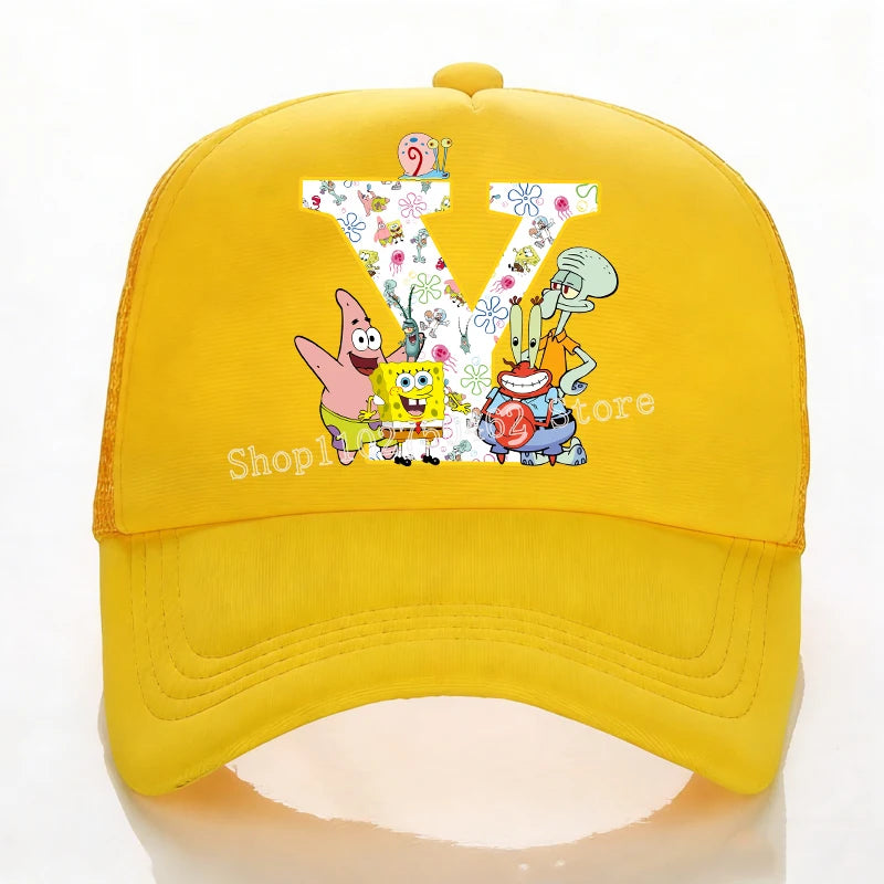 SpongeBobs Baseball Cap Kids Adult Summer Outdoor Sports Sun Hat Child Cute Letter A-Z Sunbonnet Breathable Mesh Headgear Gift