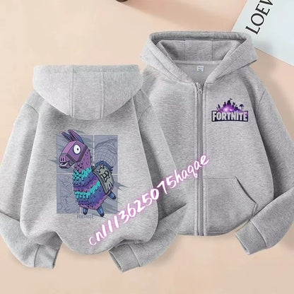 Nuova felpa con cappuccio autunnale per bambini Fortnite, giacca con zip e stampa personaggio cartoon del gioco, cappotto invernale per ragazzi