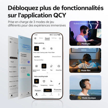 Auscultadores Over-Ear QCY H3S ANC Bluetooth 6.0 – Áudio Espacial Hi-Res LDAC, Cancelamento de Ruído Adaptativo -56dB, Auscultadores Sem Fios