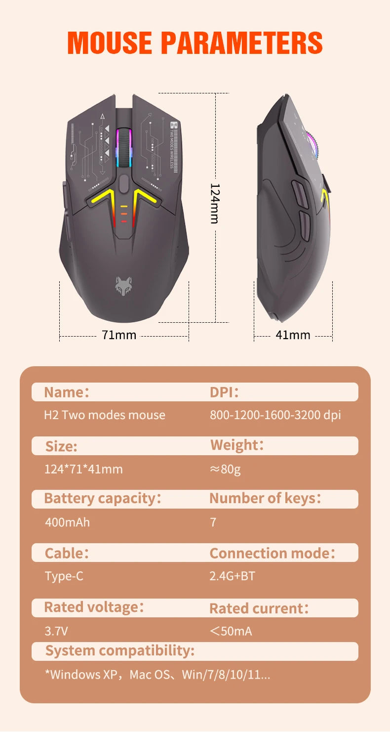XUNSVFOX H2 wireless Bluetooth dual-mode mouse RGB lighting effect laptop gaming office magnetic charging