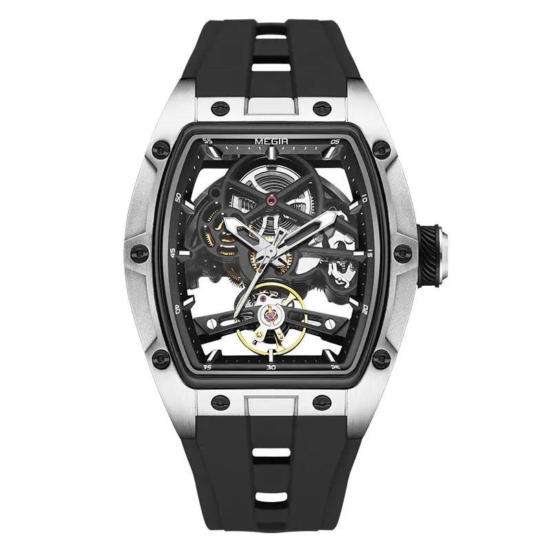 MEGIR 2242 Blue Automatic Watch for Men Sport Waterproof Stainless Steel Mechanical Wristwatch with Silicone Strap Skeleton Dial
