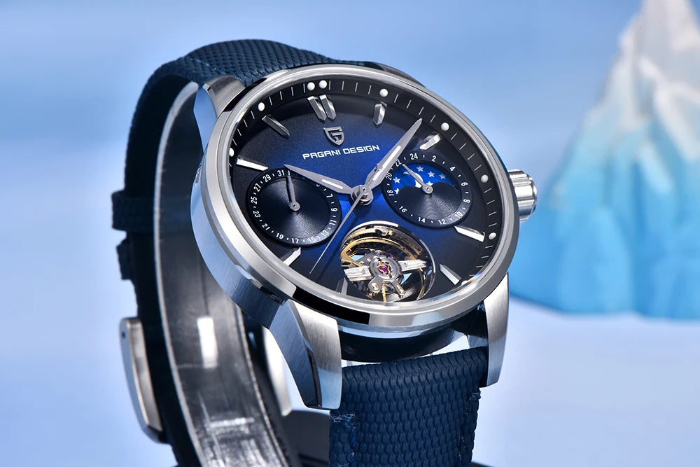 PAGANI DESIGN – Mekanisk lyxklocka för män, 41 mm, safirglas, läderarmband, vattentät, pilotstil, med tourbillon och månfas