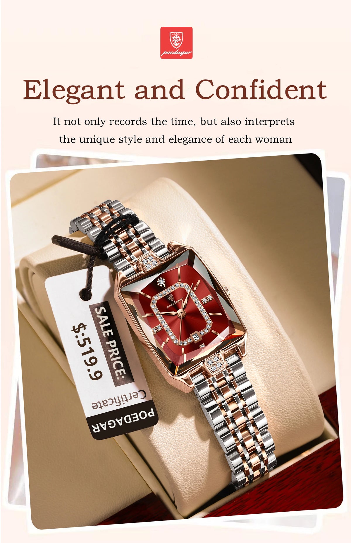 POEDAGAR Luxury Rectangle Watch For Woman Waterproof Calendar Simple Ladies Watch Fashion Stainless Steel Quartz Women's Watches