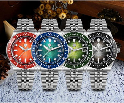 Orologio subacqueo di lusso da uomo San Martin 40mm, Miyota 9015, quadrante smaltato sunburst, automatico meccanico, impermeabile 200m, SN0148