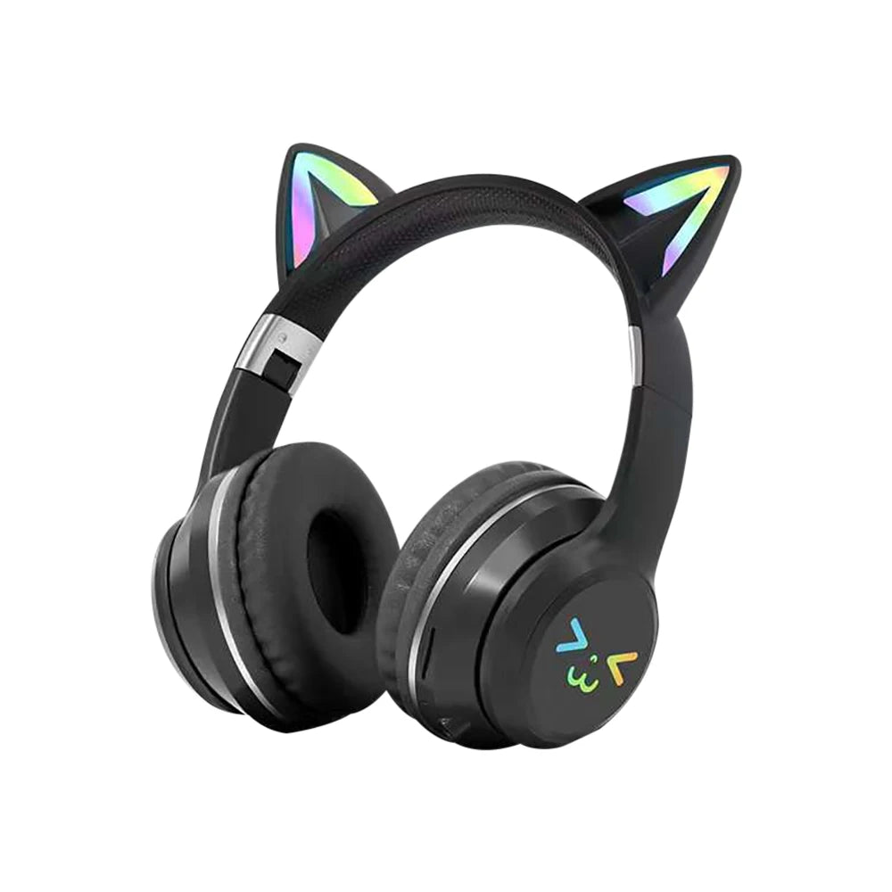 RGB Cat Ear Wireless Bluetooth Headphones for Kids & Girls, LED Light Stereo Gaming Headset with Microphone, Foldable Bluetooth Cat Ear Headphones