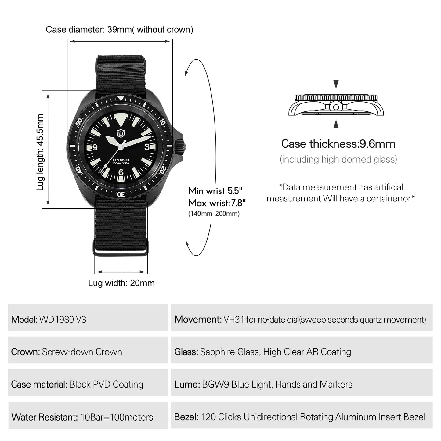 Reloj de lujo Watchdives WD1980 V3 con movimiento de cuarzo VH31 de segundero fluido, cristal de zafiro con revestimiento AR, resistencia al agua 10Bar, reloj para hombre