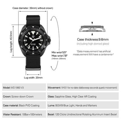 Reloj de lujo Watchdives WD1980 V3 con movimiento de cuarzo VH31 de segundero fluido, cristal de zafiro con revestimiento AR, resistencia al agua 10Bar, reloj para hombre