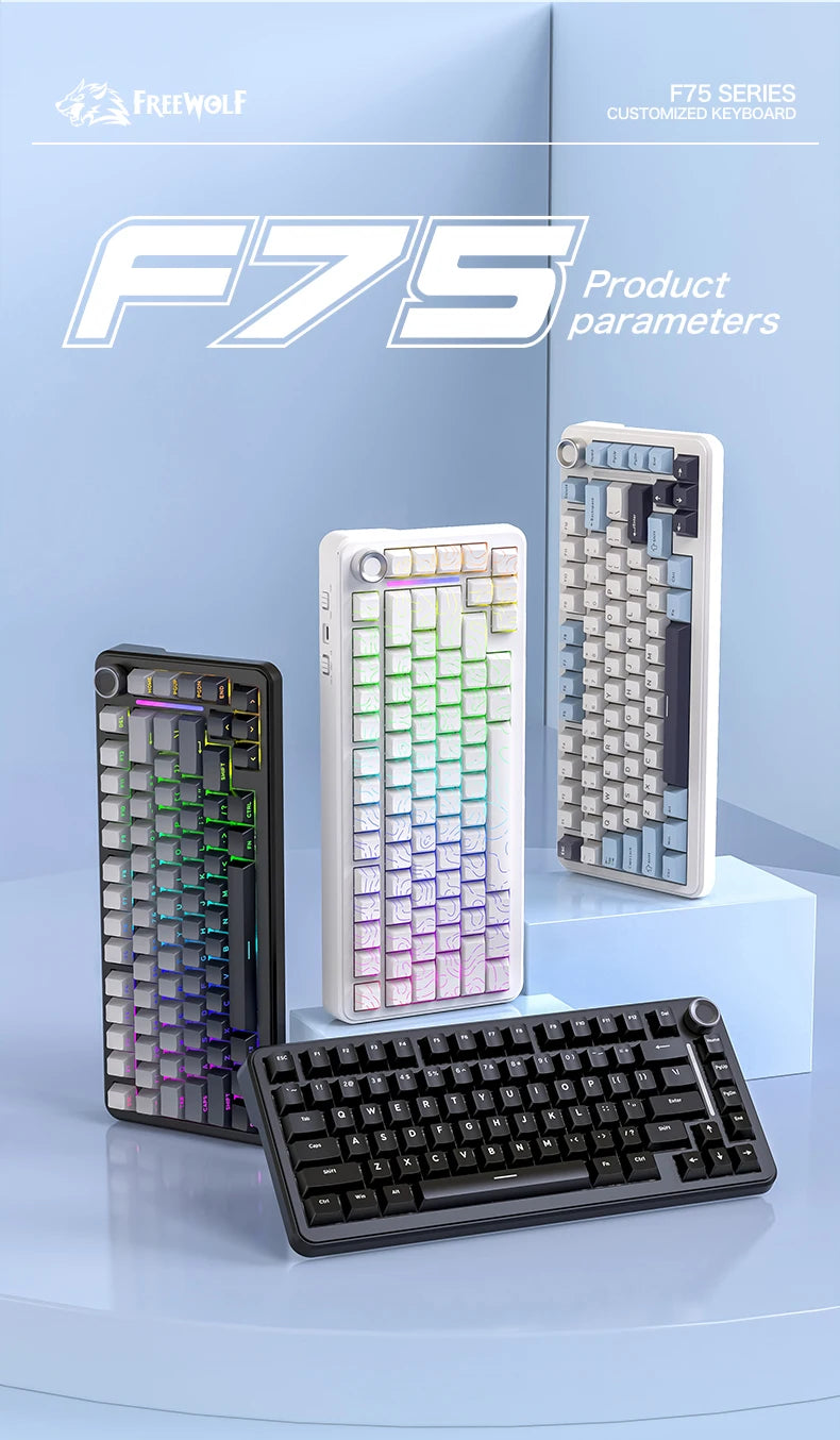 75% Hot Swap Gaming Keyboard Wireless FREEWOL F75 RGB Mechanical Keyboard with Metal Knobs AULA F75 Same Model, Tri-Mode, 4000 mAh