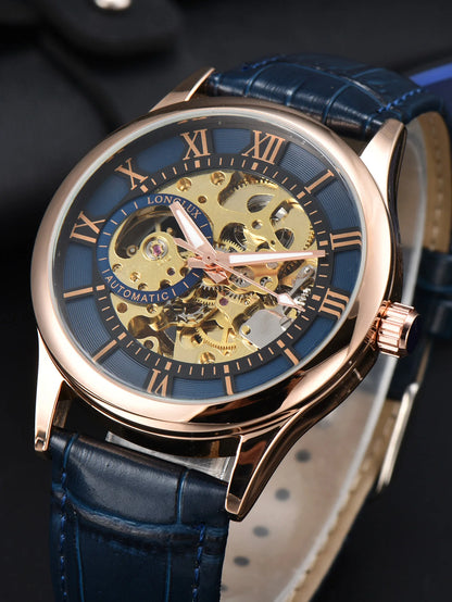 Pánske automatické hodinky, luxusný štýl, ciferník s rímskymi číslicami, viditeľný mechanizmus (skeletové vyhotovenie), vodotesné, luminiscenčné ručičky, kožený remienok – ideálny darček.