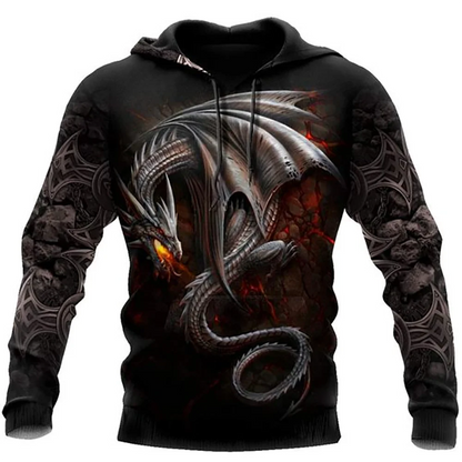Sudadera con capucha unisex para hombre, manga larga otoño-invierno, estampado 3D de dragón estilo tatuaje, streetwear casual tipo pulóver en conjunto deportivo
