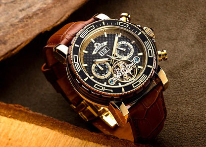 BOYZHE Brand Luxury Tourbillon Mechanical Watch Men Sports Leather Strap Waterproof Classic Date Week Automatic Sapphire Watches