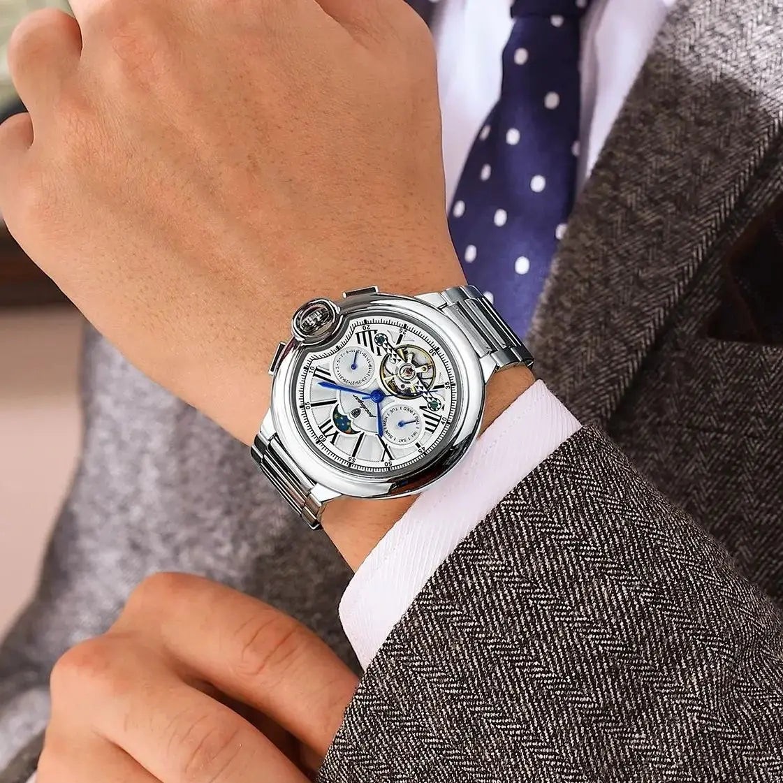 Pánské hodinky POEDAGAR, luxusní a profesionální styl, s ukazatelem data a dne v týdnu, tourbillonem, pouzdrem z nerezové oceli, automatickým mechanickým strojkem a vodotěsností.