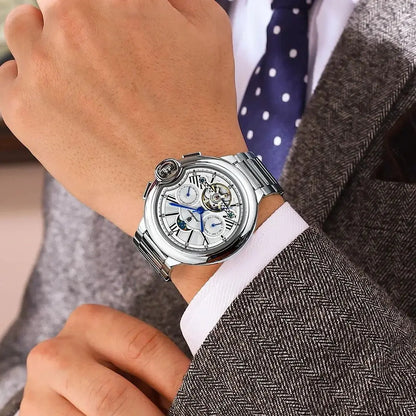 Pánské hodinky POEDAGAR, luxusní a profesionální styl, s ukazatelem data a dne v týdnu, tourbillonem, pouzdrem z nerezové oceli, automatickým mechanickým strojkem a vodotěsností.