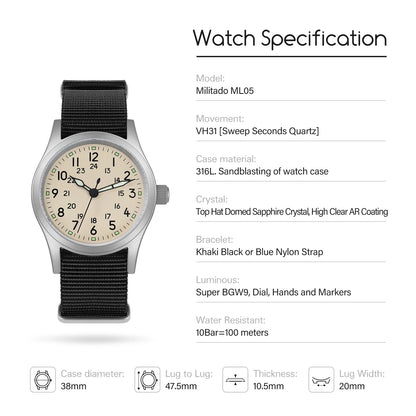 Militado ML05 Military Watch VH31 Sweep Movement Domed Sapphire Crystal Wristwatch High Clear AR Coating 38mm Vintage Watches