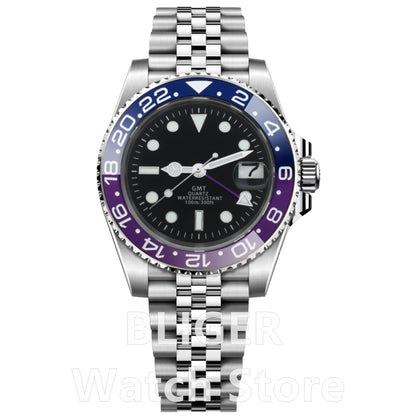 BLIGER 40mm 515 24H GMT Men's Watch Stainless Steel Clasp Luminous Quartz Movement Ceramic Bezel Sapphire Glass 10Bar Waterproof