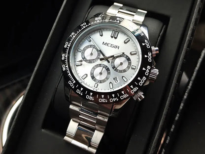 Reloj de hombre MEGIR, marca de lujo, reloj deportivo de cuarzo, correa de acero inoxidable, resistente al agua, cronógrafo, reloj de pulsera