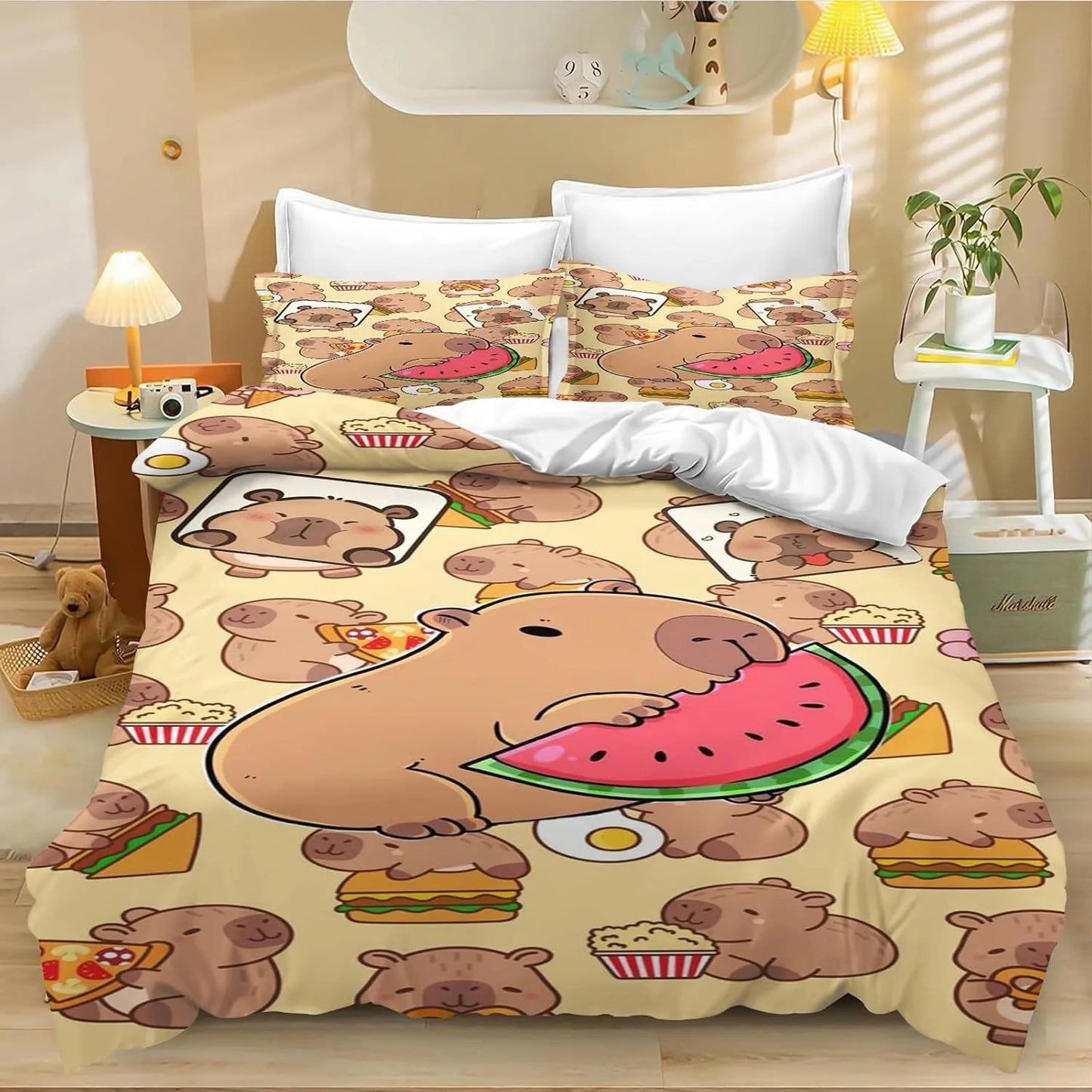 Conjunto de Capa de Edredão e Fronha com 4 Capivaras em Desenho Animado, Roupa de Cama Capivara para Adulto, Rapaz e Rapariga, Decoração de Quarto Infantil, Tamanho Individual e Duplo