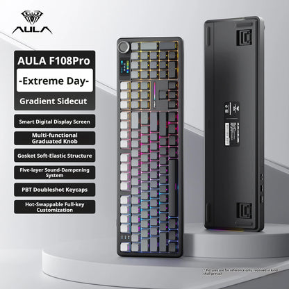 Teclado mecânico AULA F108 PRO personalizado, layout 100%, retroiluminação RGB, Bluetooth sem fios, switch HiFi, teclado gaming