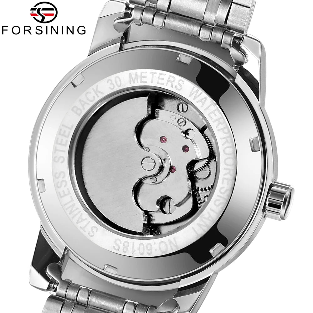 Relógio mecânico automático para homem Forsining – Estilo de luxo, empresarial e de moda, bracelete em metal, turbilhão, ponteiros luminescentes, adornado com diamantes artificiais