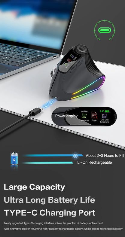 Jomaa RGB-verlichte Speed Roller draadloze verticale muis met functie-instelknop, Bluetooth USB, ergonomische muis, stille klik