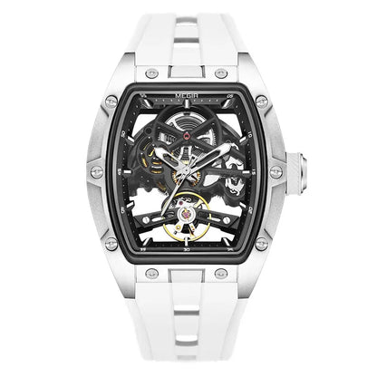 MEGIR 2242 Blue Automatic Watch for Men Sport Waterproof Stainless Steel Mechanical Wristwatch with Silicone Strap Skeleton Dial