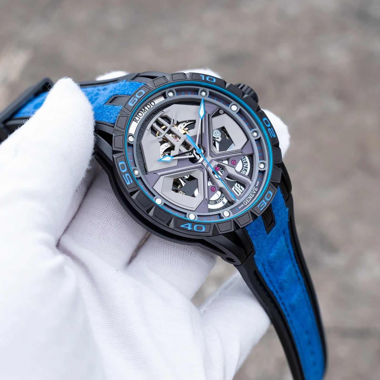 OBLVLO Mens Luxury Machinery Skeleton Mechanical Automatic Watches Analog Big Dial Blue Rubber Band Military Watch RD-909