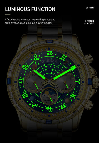 Glenaw high-end business fully automatic mechanical multifunctional men's watch fashionable waterproof luminous watch