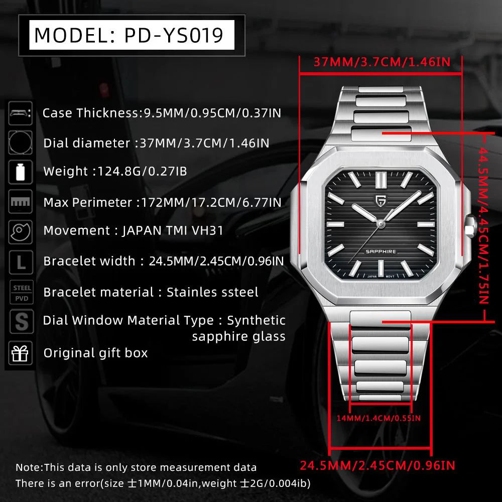 PAGANI DESIGN New V2 Orologio da uomo quadrato al quarzo, marchio di lusso premium, sportivo, impermeabile, in zaffiro e acciaio inossidabile