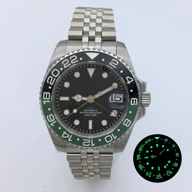 BLIGER 40mm NH34 GMT Watch For Men Mechanical Wristwatch Luminous Bezel Sapphire Glass Stainless Steel Bracelet Men's Watch