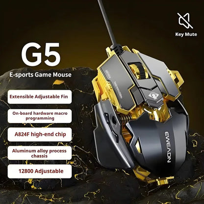 Rato Gaming com Fio Mecânico E-sports G5 RGB, 9 Botões, Programação Macro, Silencioso, 12800 DPI, para Computador de Secretária e Portátil