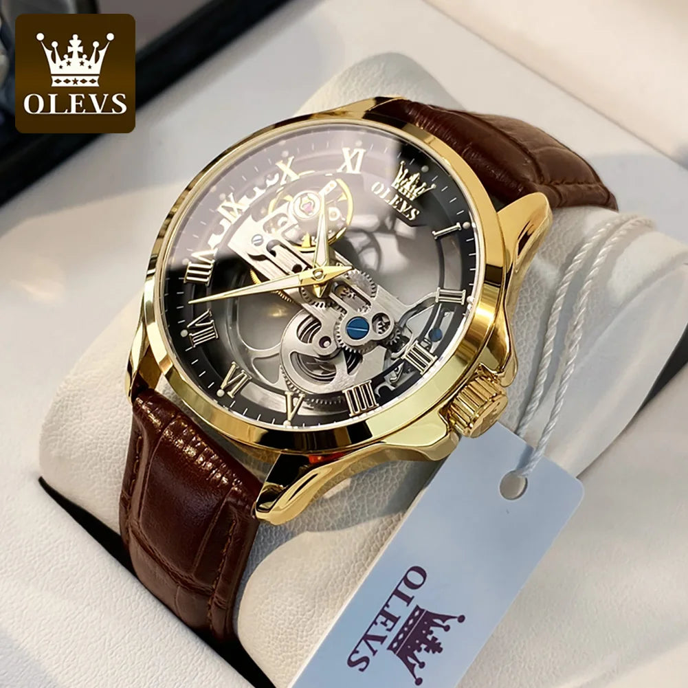 Montre mécanique automatique pour homme OLEVS 6661 – Modèle squelette entièrement transparent avec volant apparent, bracelet en cuir, montre de luxe originale pour homme