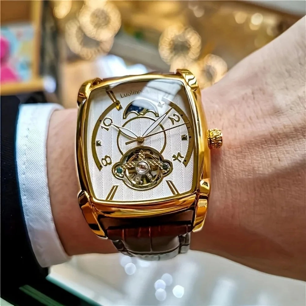 [Relógio mecânico de luxo com turbilhão] Relógio mecânico de luxo com turbilhão, leve, para homem – Modelo topo de gama totalmente automático, com o estilo «esqueleto» em voga, ideal para um look profissional ou