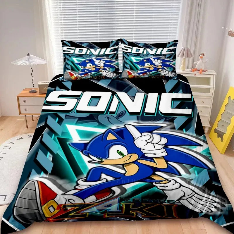 Conjunto de capa de edredão Sonic de 2/3 peças para crianças, conjunto de roupa de cama com capa de edredão para decoração de quarto, adolescentes e presentes para crianças, cama individual ou de casal