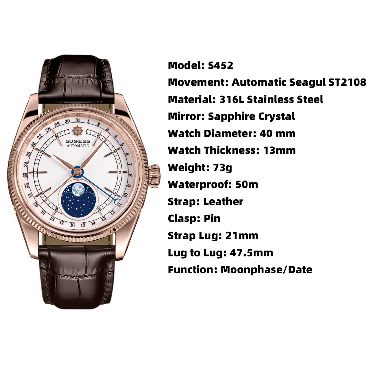 Sugess 40mm Men's Moonphase Automatic ST2108 Movement Sapphire Crystal Mechanical Wristwatch Waterproof Date 2024 New