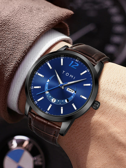 Reloj de cuarzo TOMI, de estilo elegante y profesional, con correa de piel, caja de aleación y esfera con agujas: diseño de alta gama, ideal como regalo para hombre.