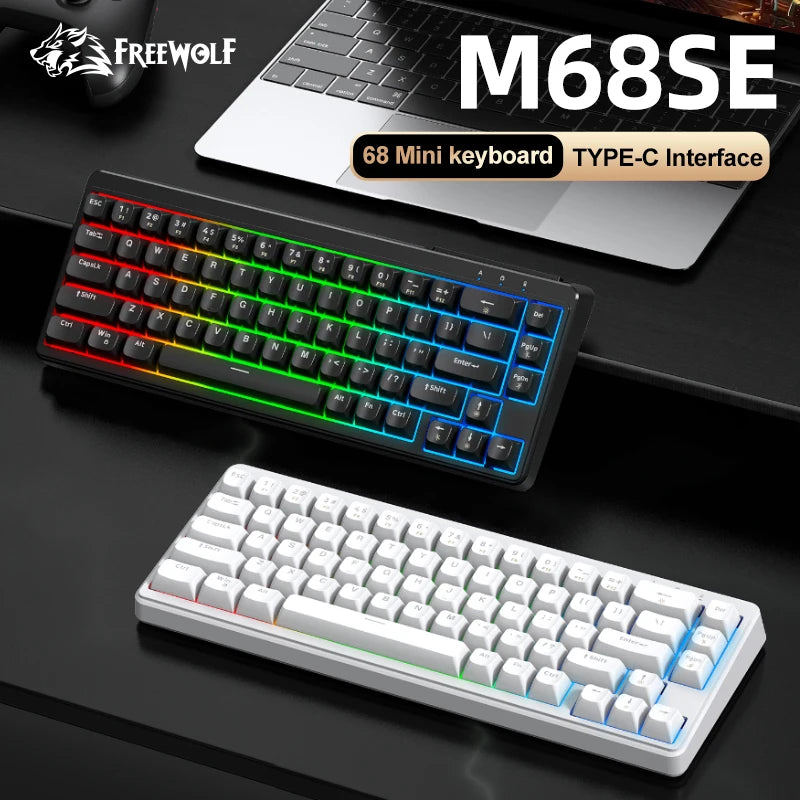 FREEWOLF M68SE Tastiera con sensazione meccanica, 68 tasti, mini tastiera compatta cablata e silenziosa per laptop, gaming e uso ufficio