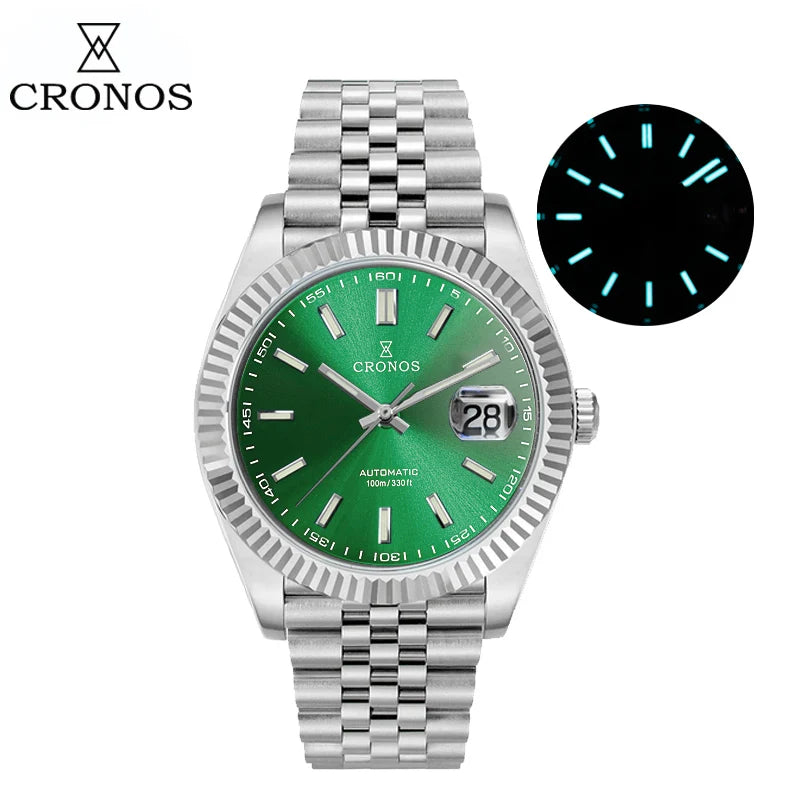 Cronos DateJ Luxury Men's Watch, Stainless Steel 5 Links Bracelet, PT5000 Miyota 9015, 100m Water Resistant, Sapphire